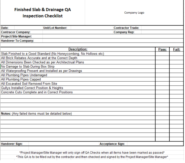 Finished Slab & Drainage QA Inspection Checklist