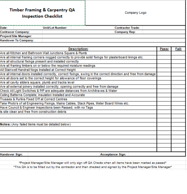 Timber Framing & Carpentry QA Inspection Checklist