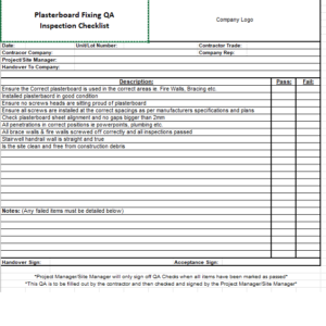 Plasterboard Fixing QA Inspection Checklist