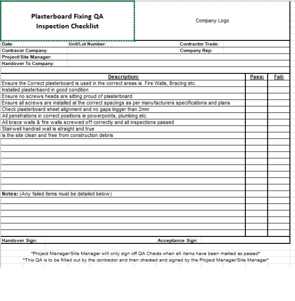 Plasterboard Fixing QA Inspection Checklist