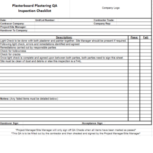 Plasterboard Plastering/Stopping/Setting QA Inspection Checklist