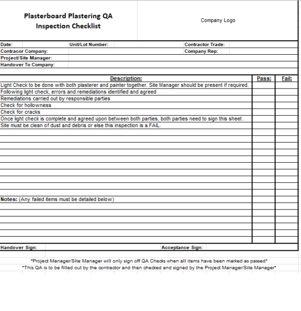 Plasterboard Plastering/Stopping/Setting QA Inspection Checklist