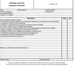 Cladding Install QA Inspection Checklist