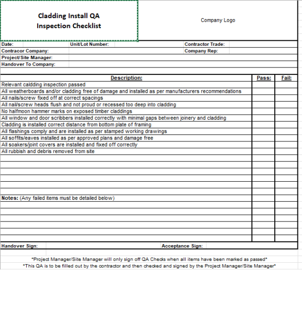 Cladding Install QA Inspection Checklist